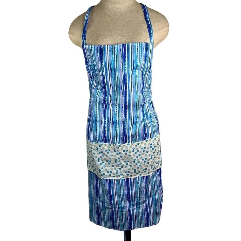 Handmade Women's Reversible Kitchen Apron Boho Floral Striped‎ One Size Pockets